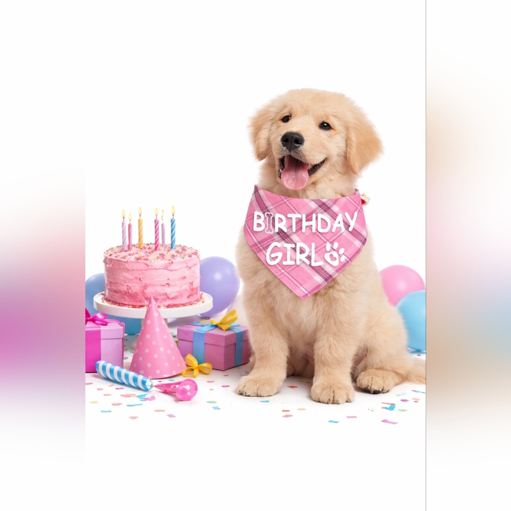 Pink Plaid “Birthday Girl” Dog Bandana w/ Bone & Paw Print Medium NWT